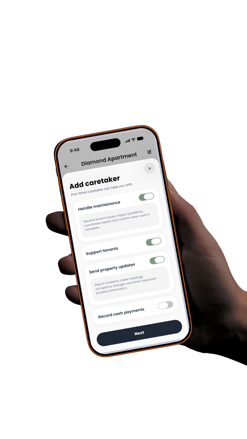 RentKaya add caretaker screen showing controlled permissions for maintenance, tenant support and property updates