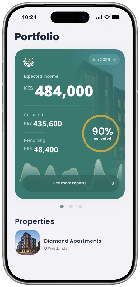 RentKaya portfolio dashboard showing expected, collected and remaining rental income
