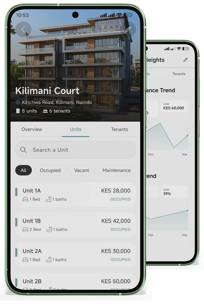 RentKaya mobile app showing a property, its units and portfolio performance trends