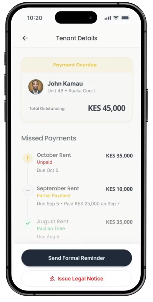 RentKaya tenant record showing overdue and partial rent payments